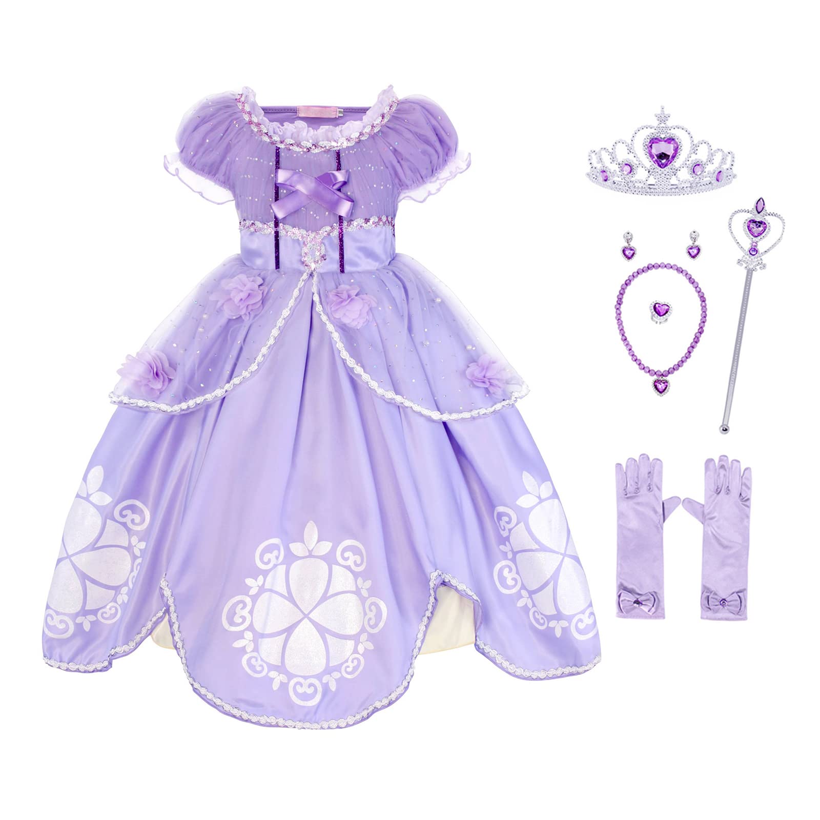 Jurebecia Princess Costume Princess Dress Up for Girls Princess Sofia Costume Party Dresses for Kids Halloween Birthday