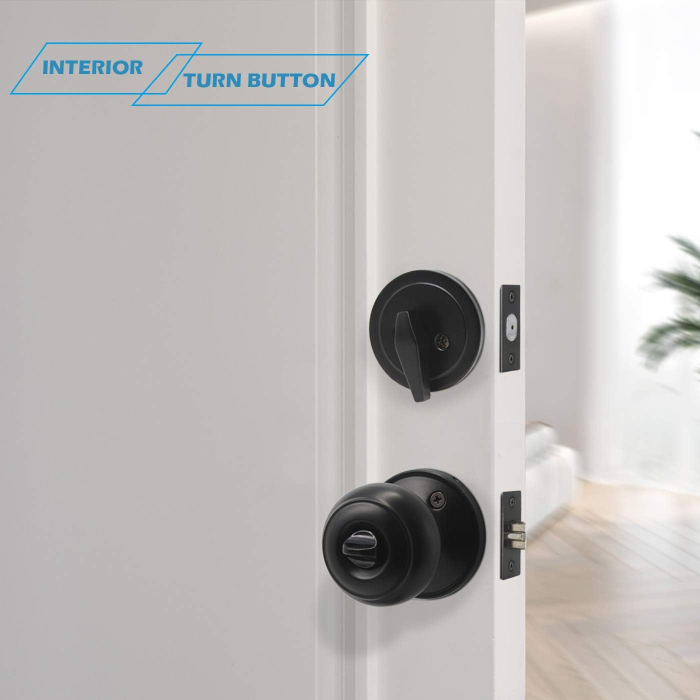 GOBEKOR Hardware Keyed Alike Entry Door Knob and Single Cylinder Deadbolt Lockset Combination in Matte Black,Exterior Keyed Front Door Handle with Lock and Deadbolt,(Ball Shape),1Pack