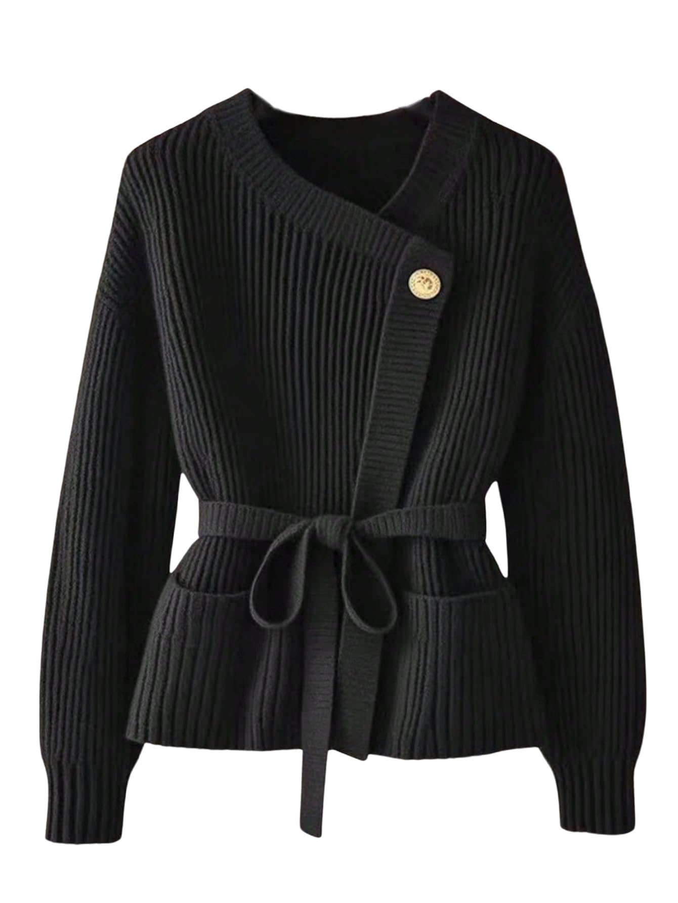 Verdusa Womens Old Money Ribbed Knit Cardigan Long Sleeve Asymmetrical Belted Sweaters