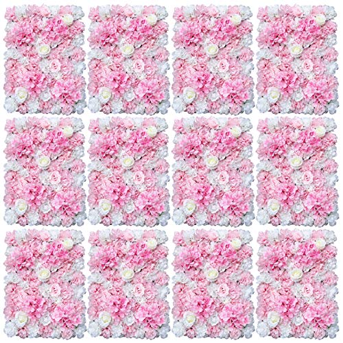 JJIESHENG Flower Wall Backdrop, 12Pcs Artificial Flower Wall Panel Pink Silk Rose 3D Flower Panels Floral Decorative Background for Wedding Home Decoration (Pink, 23.6 * 15.7in)