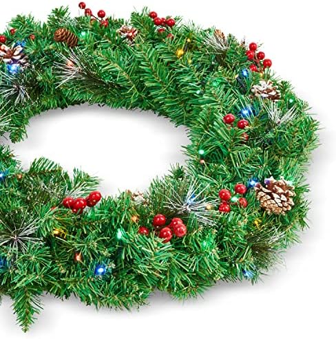 SA Products Large Christmas Wreath - Artificial Christmas Door Decorations with 80 Multicolour LED Lights, Red Berries, Pine Cones & Needles - Battery Operated Christmas Door Wreaths - 60x60x12cm