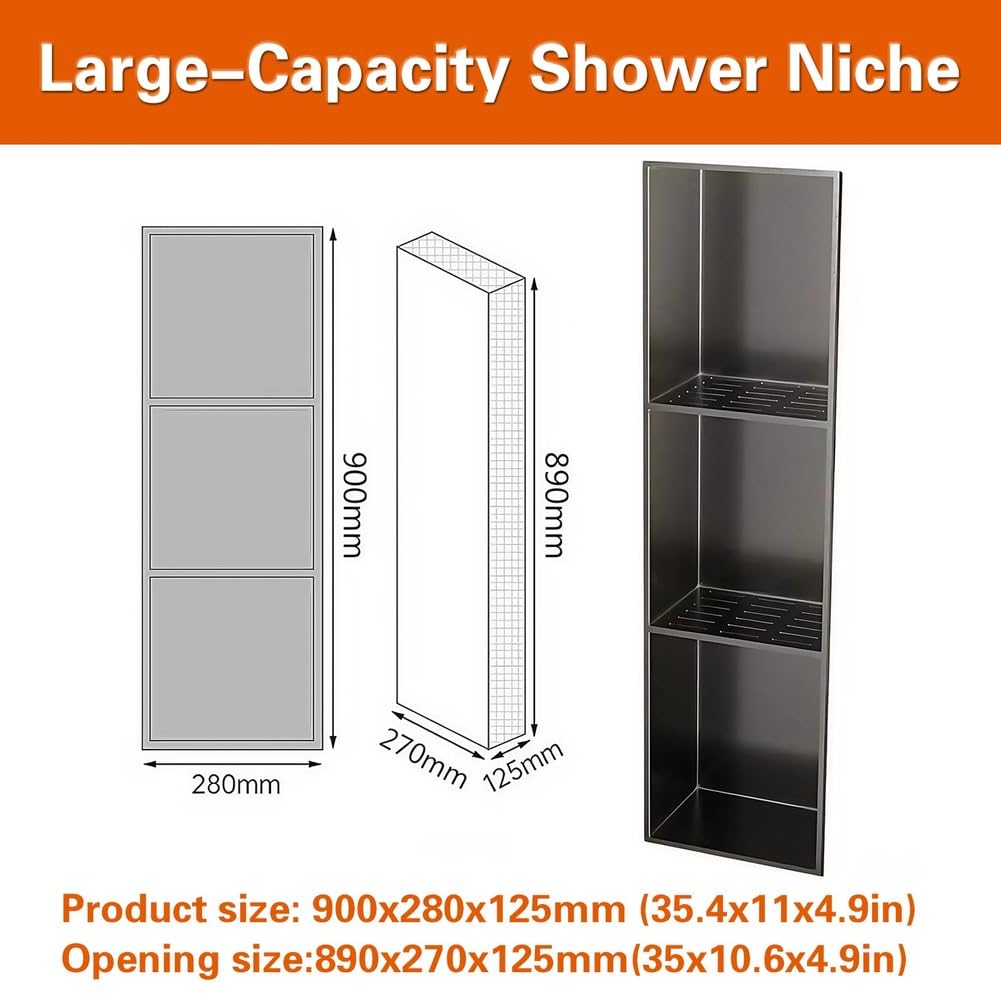 Paneles de ducha de Acero inoxidable 304 - Botiquín metálico empotrado multicapa con orificio de drenaje, estantes Negros de 3 niveles para baño y cocina