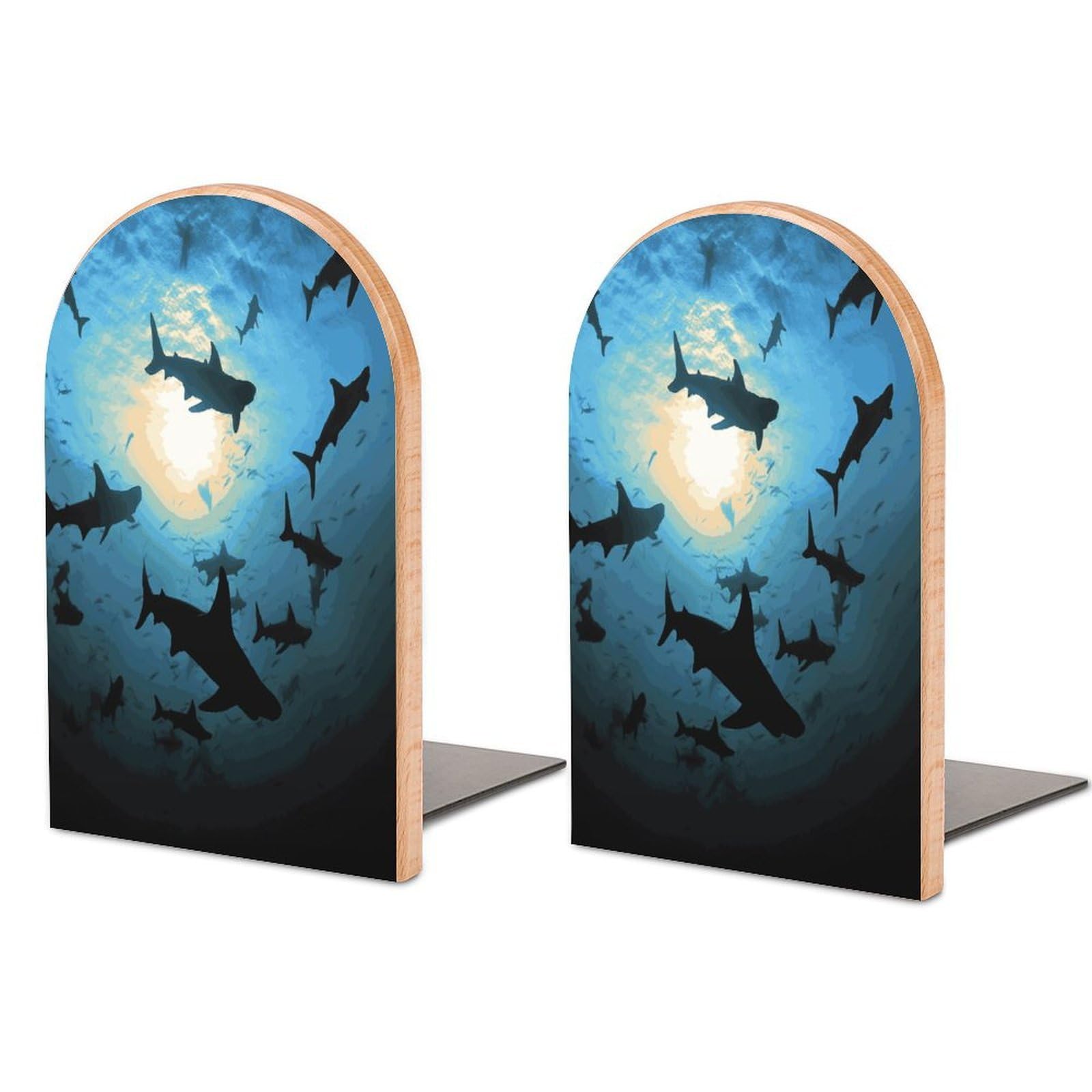 Hammerhead Sharks Bookends 1 Pair Heavy Duty Book Ends for Shelves Non-Skid Bookend Supports Wooden Book Holders with Metal Base Desk Organizers Books Storage to Hold Books