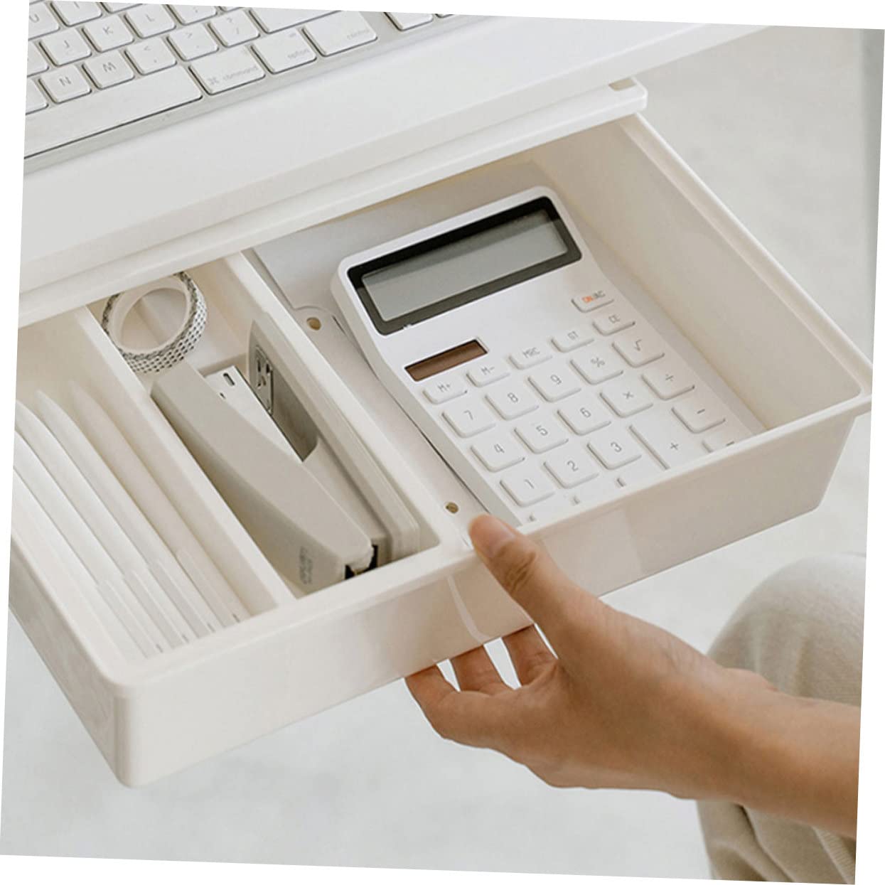 Organizer Nascosto per Cassetto Sotto Scrivania in Plastica Resistente Grande Capacità per Cancelleria e Accessori Ufficio Compatto e Facile da Installare Bianco