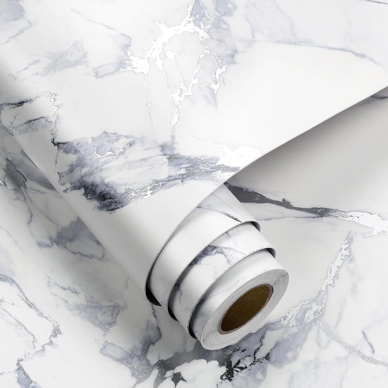 FunStick 60CM×5M Papel Pintado Baño Marmol Blanco Papel Adhesivo para Encimera Cocina Muebles Vinilo Adhesivo Marmol Blanco Plateado Vinilo Autoadhesivo Pared Salón Lavable Vinilos para Muebles Cocina