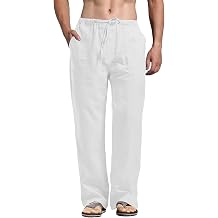perdontoo Mens Casual Cotton Linen Pants Elastic Waist Drawstring Straight Summer Beach Pants