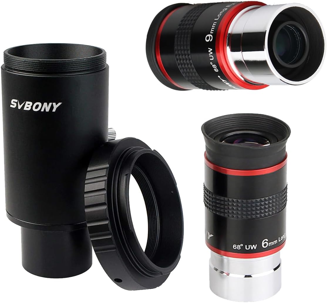 SVBONY Telescopes Eyepieces 9mm 1.25 inches Eyepiece 68 Degree Bundle with 6mm Eyepiece T2 T Ring Adapter Compatible for Canon EOS Cameras Photography