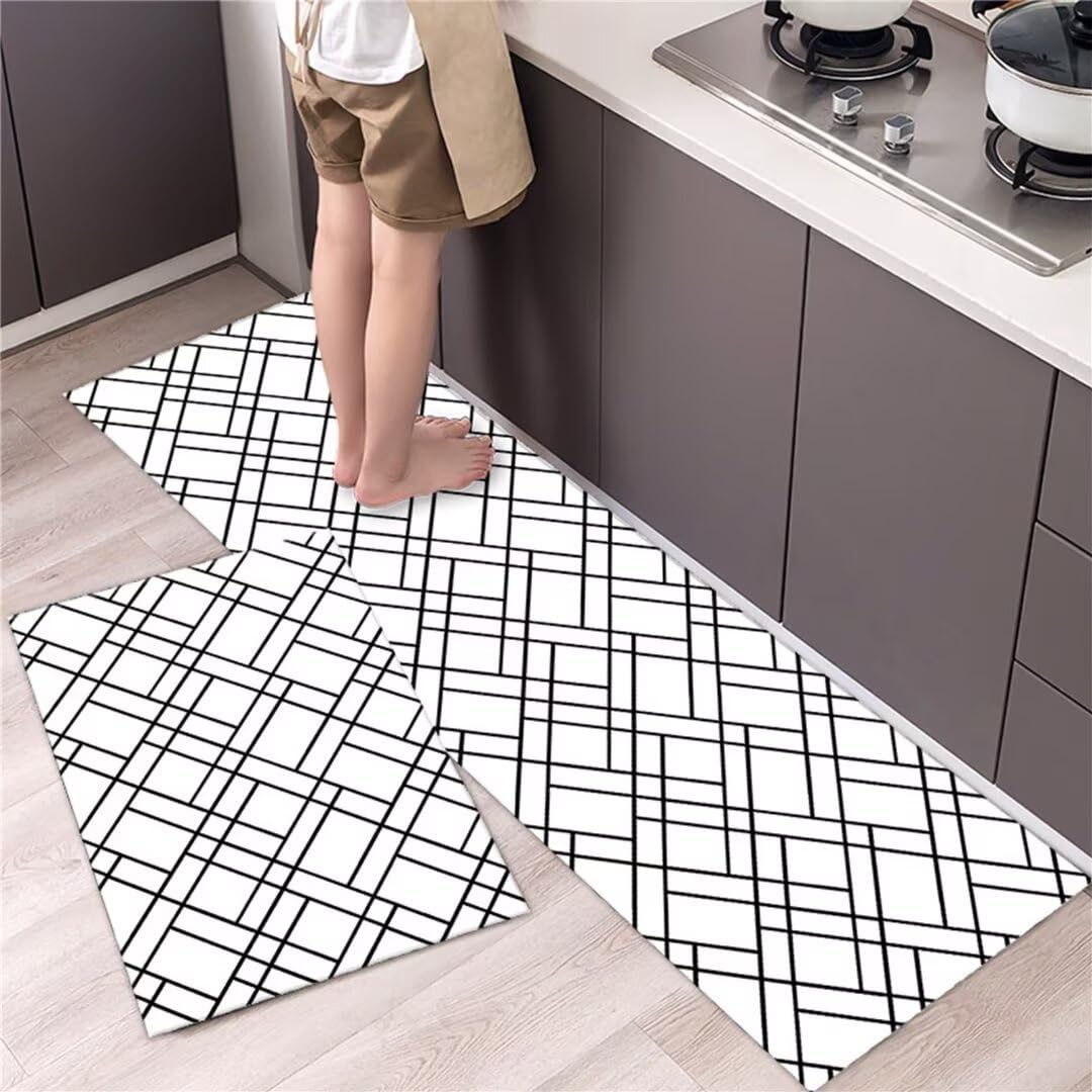 Alfombra cocina antideslizante y lavable con diseño geométrico blanco acolchado