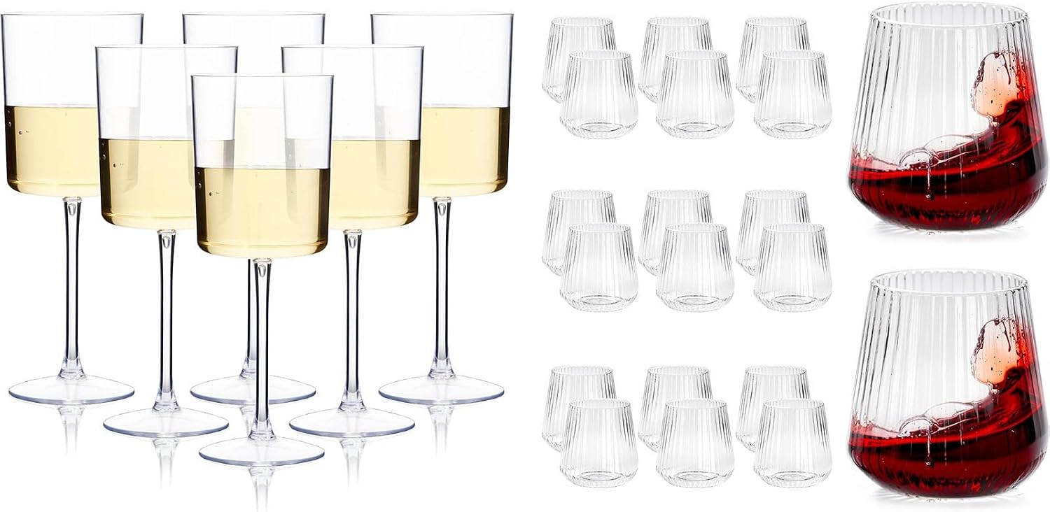 Ciaell 6 Pack Clear Plastic Wine Glasses and 30 Pack Plastic Ribbed Wine Glasses for Thanksgiving & Parties & Weddings & Poolside & Toasting & Outdoors