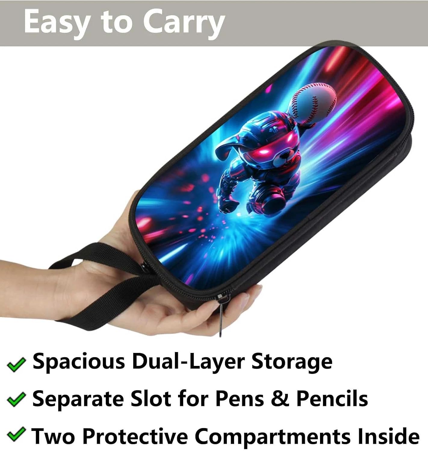 Baseball Pencil Case for Boys Girls, Sports Kids Pencil Pouch with Compartments, Large Capacity Double Zipper School Organizer Box, Stationery Pen Bag for Students Age 6+ image 3