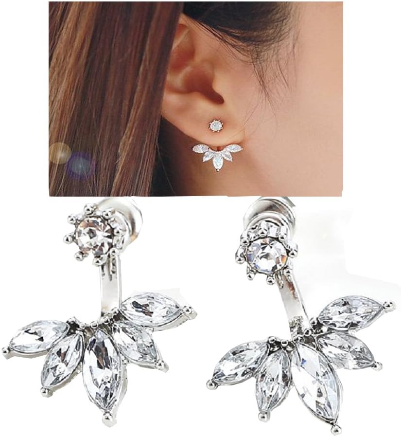 Lady Clear Crystal Leaf Feather Ear Jacket Earrings Back Ear Cuffs Stud Earrings for Women SUNSCSC