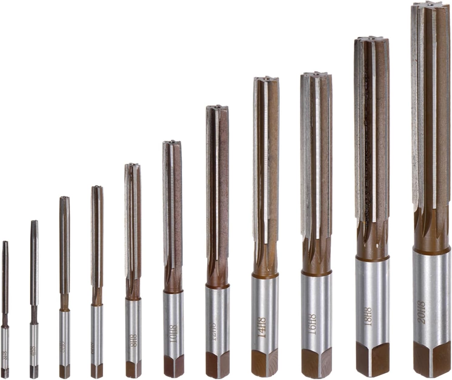 uxcell 11pcs Hand Reamers Set 3mm 4mm 5mm 6mm 8mm 10mm 12mm 14mm 16mm 18mm 20mm H8 Metric Alloy Steel Reamer Bit Straight Flutes Steel Cutting Tool for Metal Wood Hole Reaming