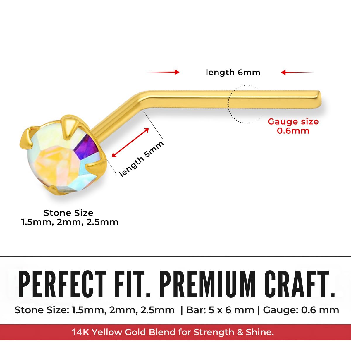 Set 14K Amarillo Oro Garra Arco Iris Redondo Cristal Piedra 22 Calibre L Curva Nariz Stud Piercing