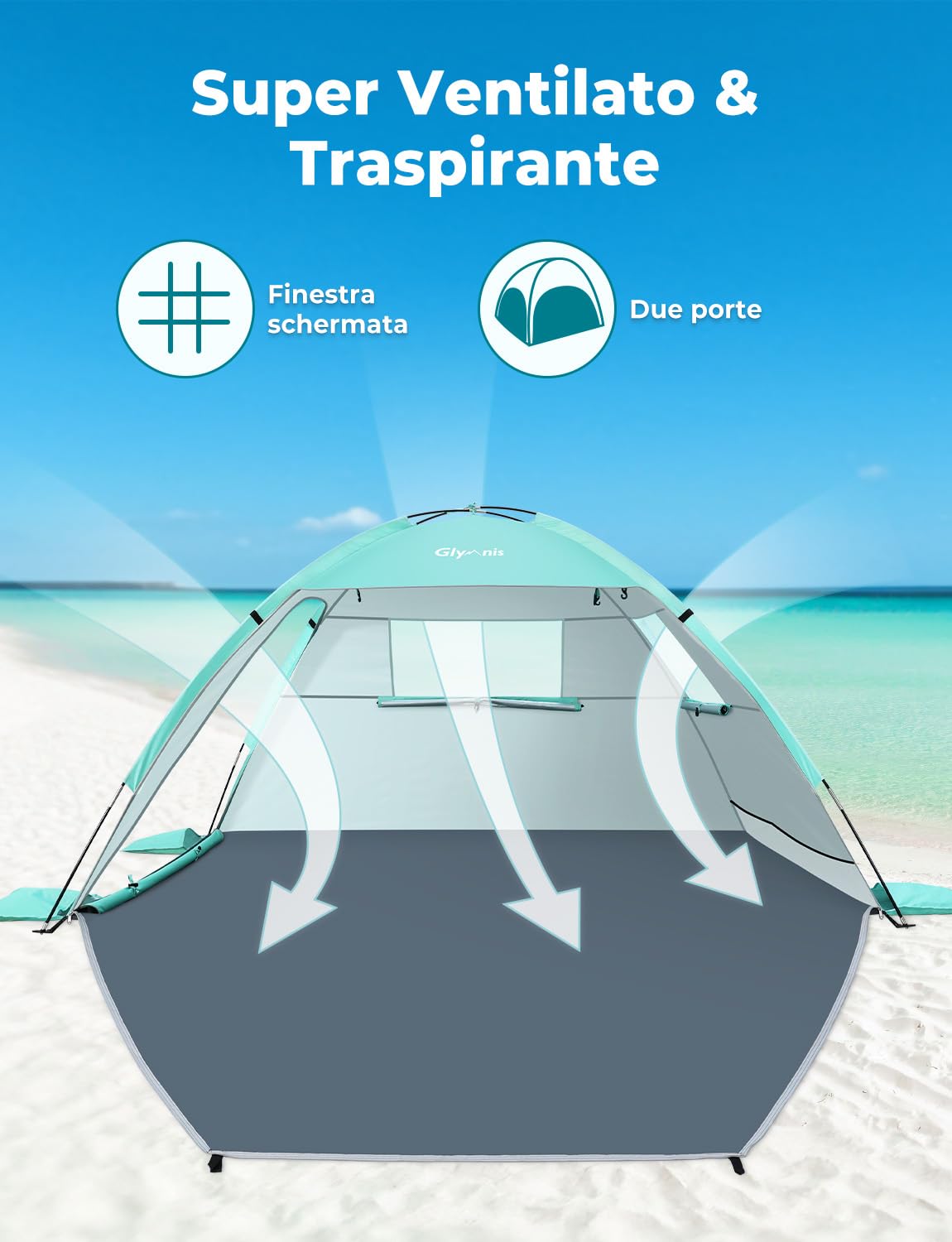 Glymnis Tenda da Spiaggia Portatile con Cerniera, UPF 50+, 2-4 Persone | Chiusura Cerniera Completa, Facile Montaggio, Leggera Portatile