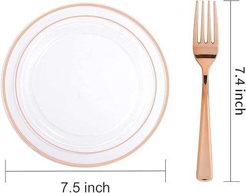 Miniatura 10 de I00000 72 platos de postre de oro rosa de 75in y 72 tenedores desechables de 75in platos de ensalada de plástico con diseño de encaje transparente