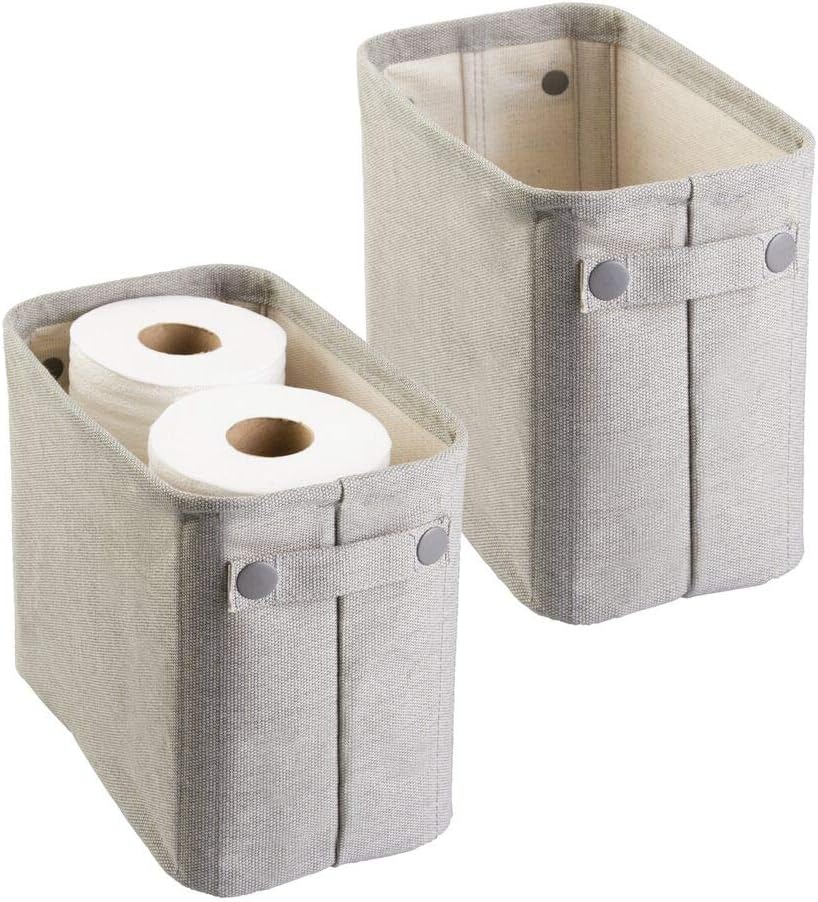 mDesign Soft Cotton Fabric Closet Storage Organizer Bin Basket Storage Organizer for Bathroom - Attached Handles - Use on Vanity, Cabinet, Shelf, Countertop, Tall, 2 Pack - Light Gray