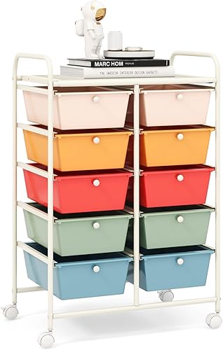 RELAX4LIFE Carrito de almacenamiento rodante con 10 cajones, carrito de almacenamiento para manualidades con ruedas bloqueables, carrito utilitario,