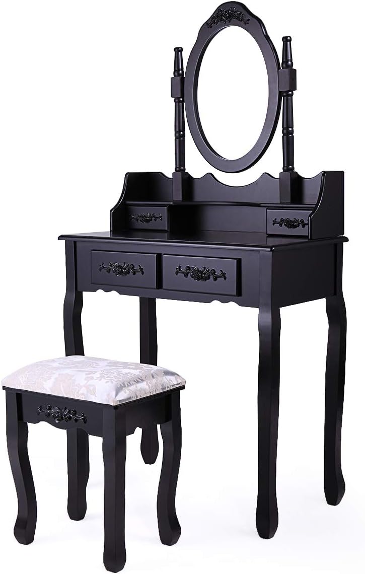 Sandinrayli Makeup Dressing Table White Vanity Set w/Stool and Oval Mirror 4 Drawers (Black)