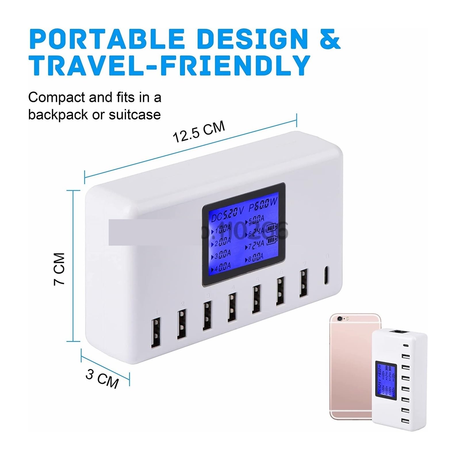 Ładowarka USB, Stacja ładująca USB 8 portów 60 W/12 A wieloportowa ładowarka USB typu C z wyświetlaczem LCD do telefonów komórkowych i tabletów wielu urządzeń
