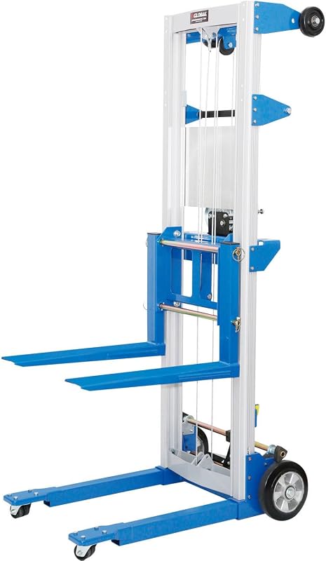 Global Industrial Lightweight Hand Operated Lift Truck, 400 Lb. Capacity | 22"L x 4"W Forks, Fixed Legs, Manual Winch Operated, Aluminum & Steel, Blue