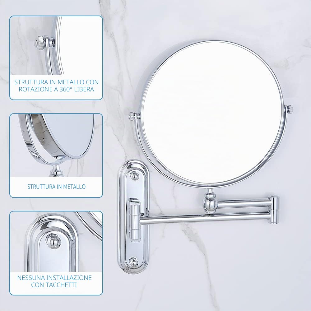 DOWRY Specchio Trucco da Parete Specchio Estensibile da Bagno Specchio Ingranditore da Parete 7x Rotazione a 360° Bifacciale Specchio Cromo Specchio da Barba,Diametro 8 Pollici