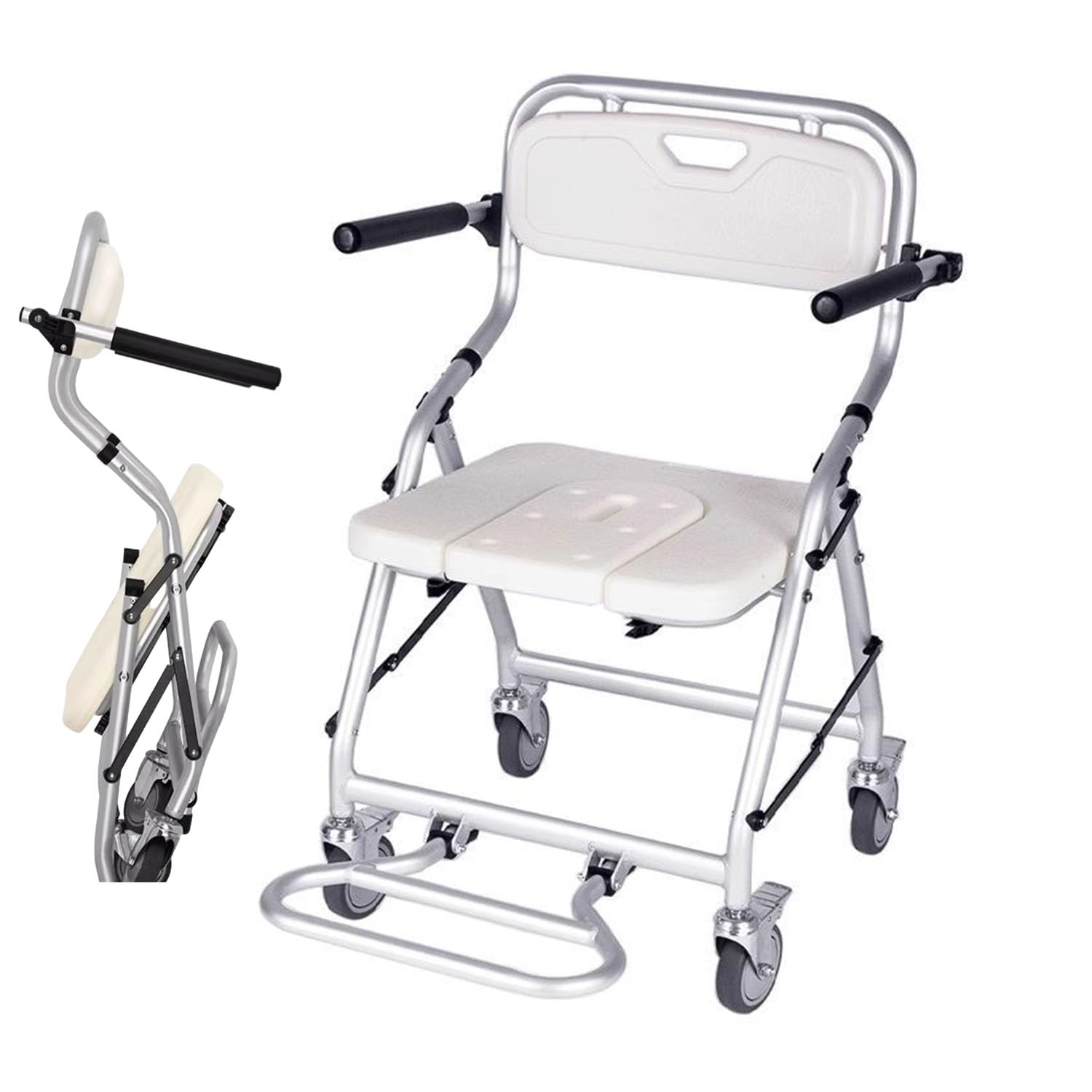 Foldable Shower Chair, Toilet Chair with Seat Belt Commode Anti-Slip Armrest Backrest & Toilet, Height Adjustable for Elderly Disabled(White)
