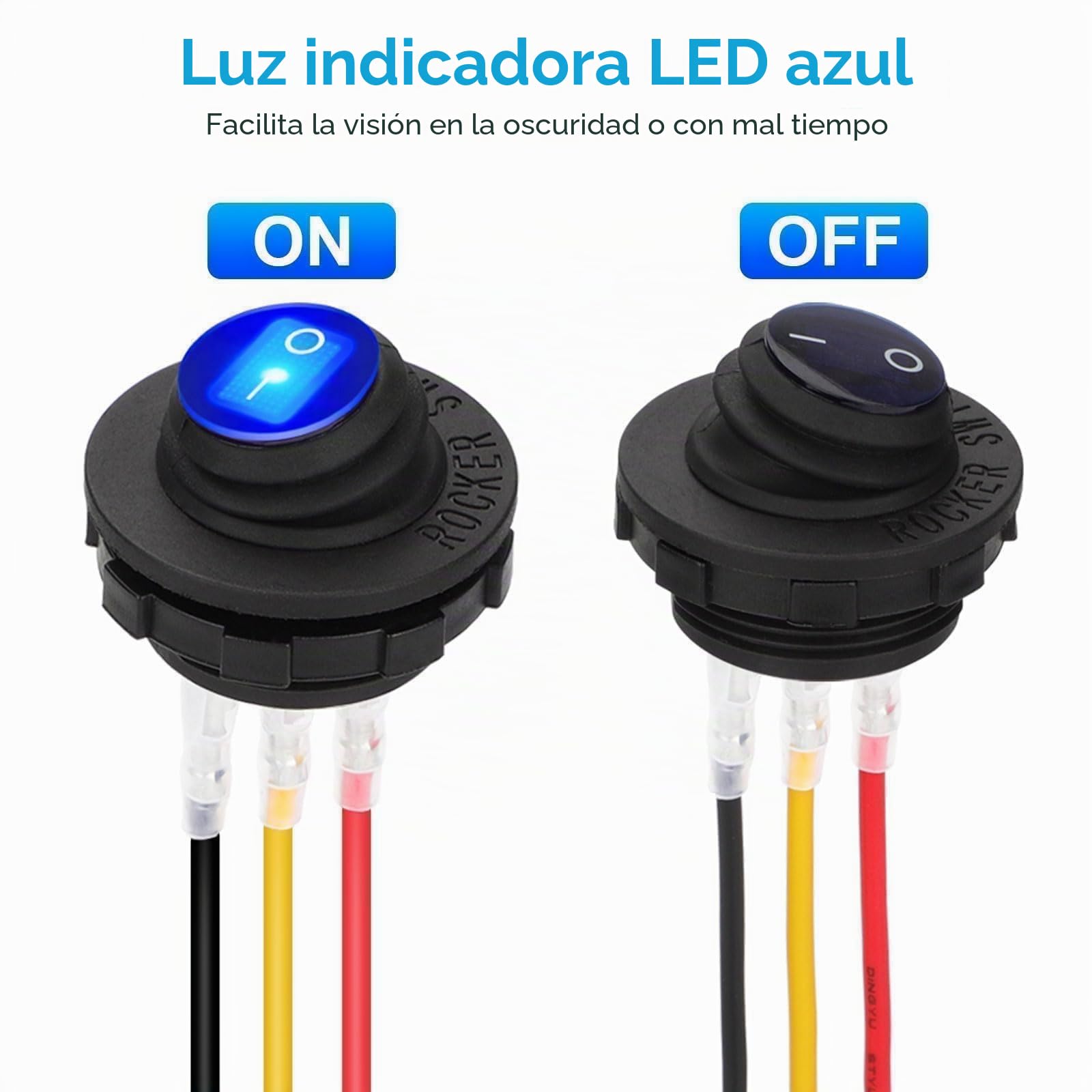 Linkstyle 4x Interruptor Basculante LED 12V 20A, Interruptor Redondo Impermeable de 3 Pines con Cable, Luz Azul, para DIY Barco Auto y Aplicaciones Marinas