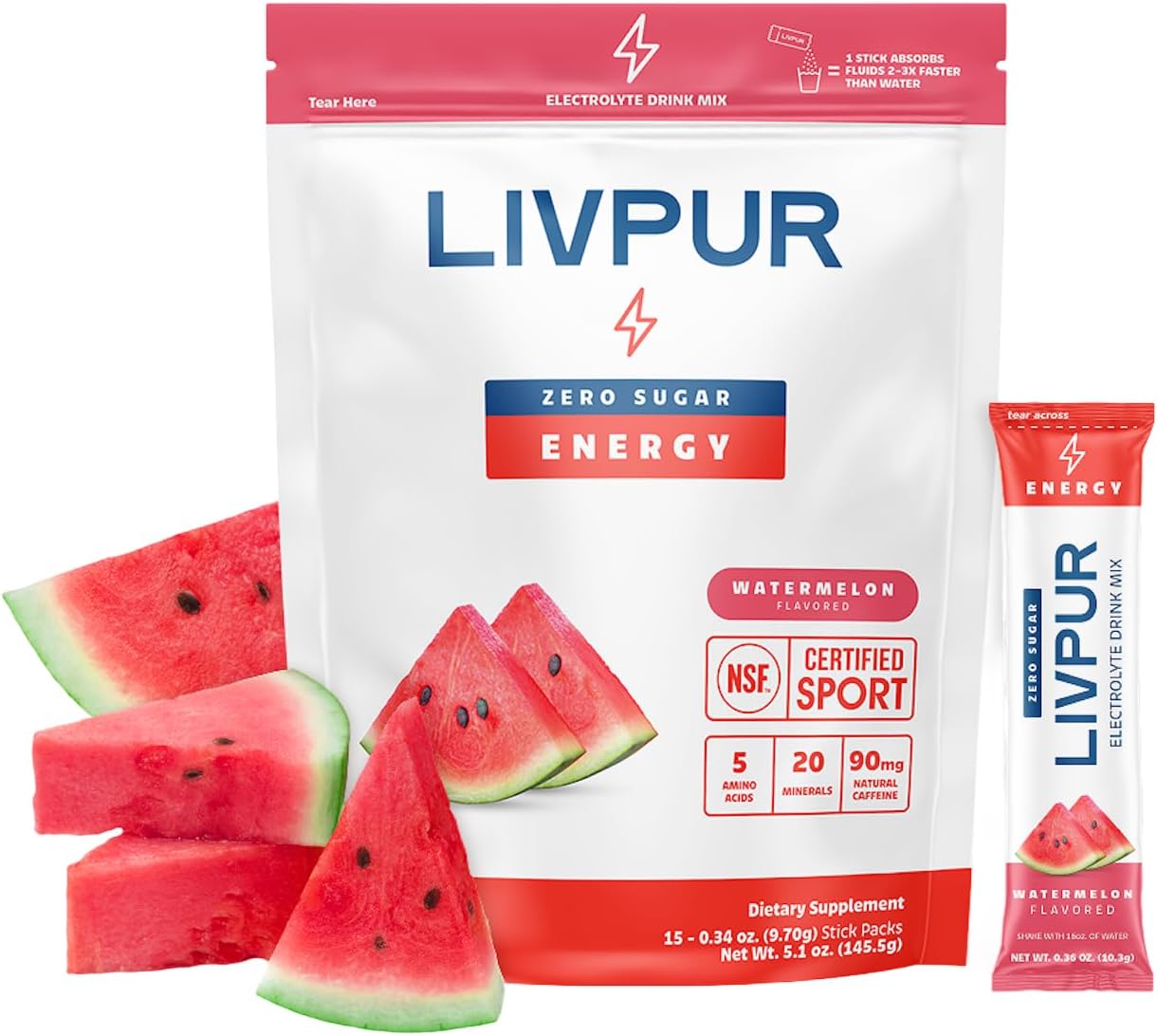 LIVPUR Energy Electrolytes Powder Drink Mix, Instant Sugar Free Hydration Packets with Natural Caffeine and Amino Acids for Increased Focus and Sustained Energy (Medium, Watermelon)