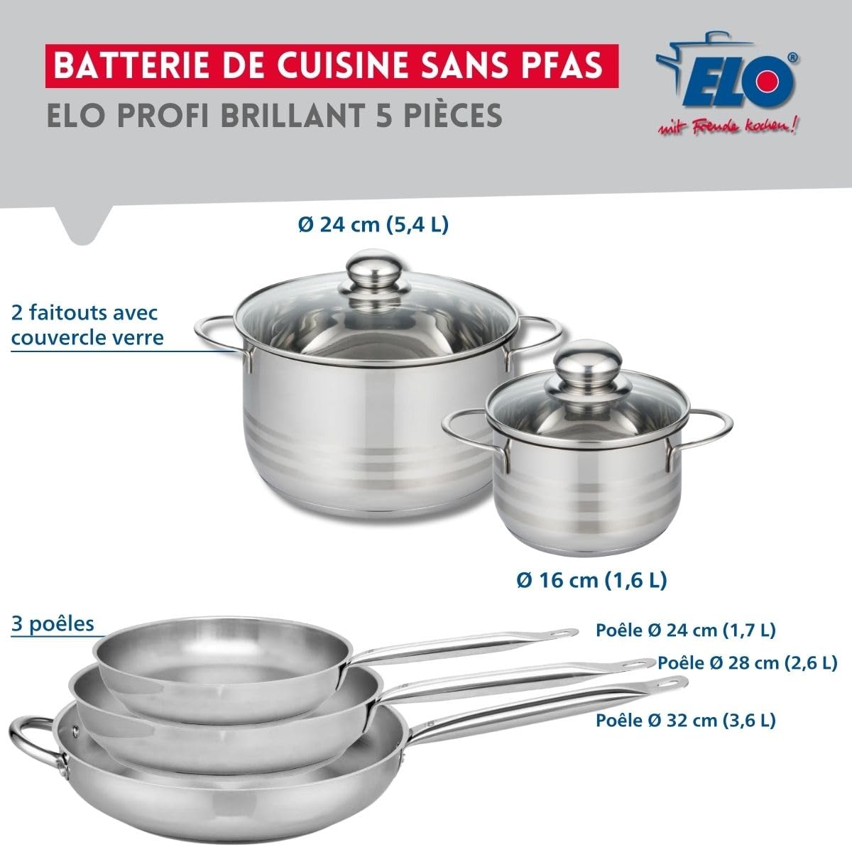 ELO 9885850 Naczynia kuchenne 5 sztuk, zestaw 3 patelni 24, 28 i 32 cm i 2 patelnie 16 i 24 cm Elo Profi Brilliant, stal nierdzewna, indukcyjna