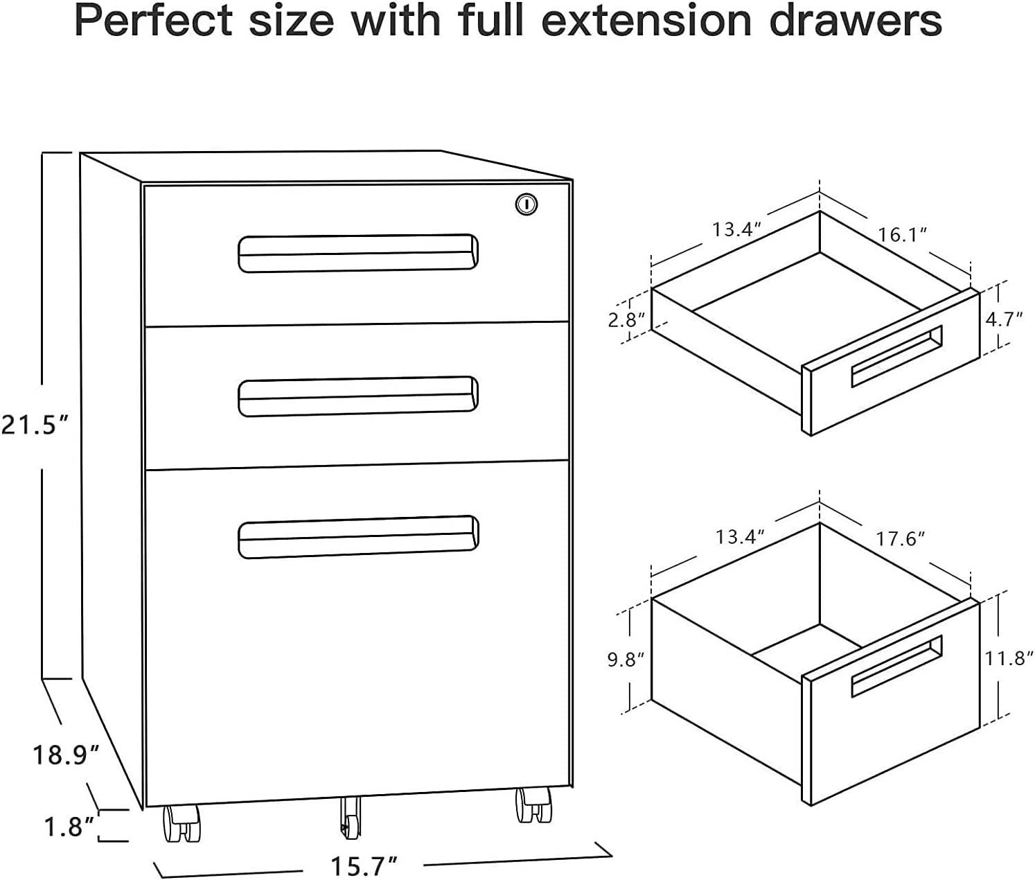 Dripex Metall Rollcontainer Stahl Rollcontainer mit 3 Schubladen und Hängeregistratur Abschließbarer Büroschrank Bürocontainer 5 Räder Aktenschrank 39 x 45 x 60 cm