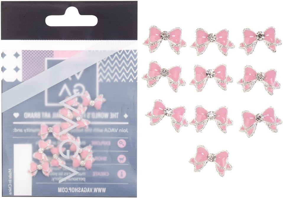 Amazing Set of 10 3D Pink And Silver Bow Ties Manicure Nail Art Decorations Studded With Clear Rhinestones/Crystals By VAGA