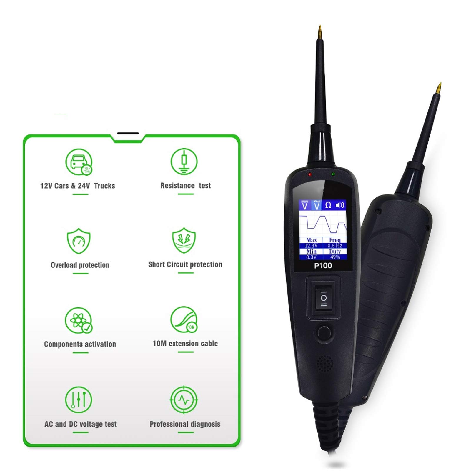 Testeur de circuit, sonde de tension automobile P100 et outil de diagnostic électrique avec câble d’extension de 32,8 pieds, pour contrôler alimentation, masse et continuité