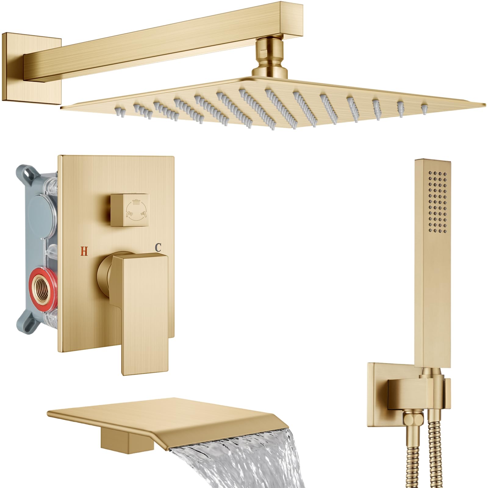 Sxithgkdw Brushed Gold Shower System With Tub Spout,Bathtub Shower Faucet Set With Square Rainfall Head And Handheld Sprayer Wall Mount Tub Faucet Set With Valve And Trim Kit,12 Inch