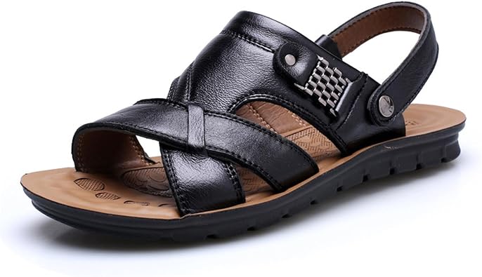 Mens Sandals Summer Genuine Leather mens beach shoes comfort Leisure, Mens Sandals Mens Hiking Sandals for Outdoor Beach Walking Driving Color Black, Size 10 US