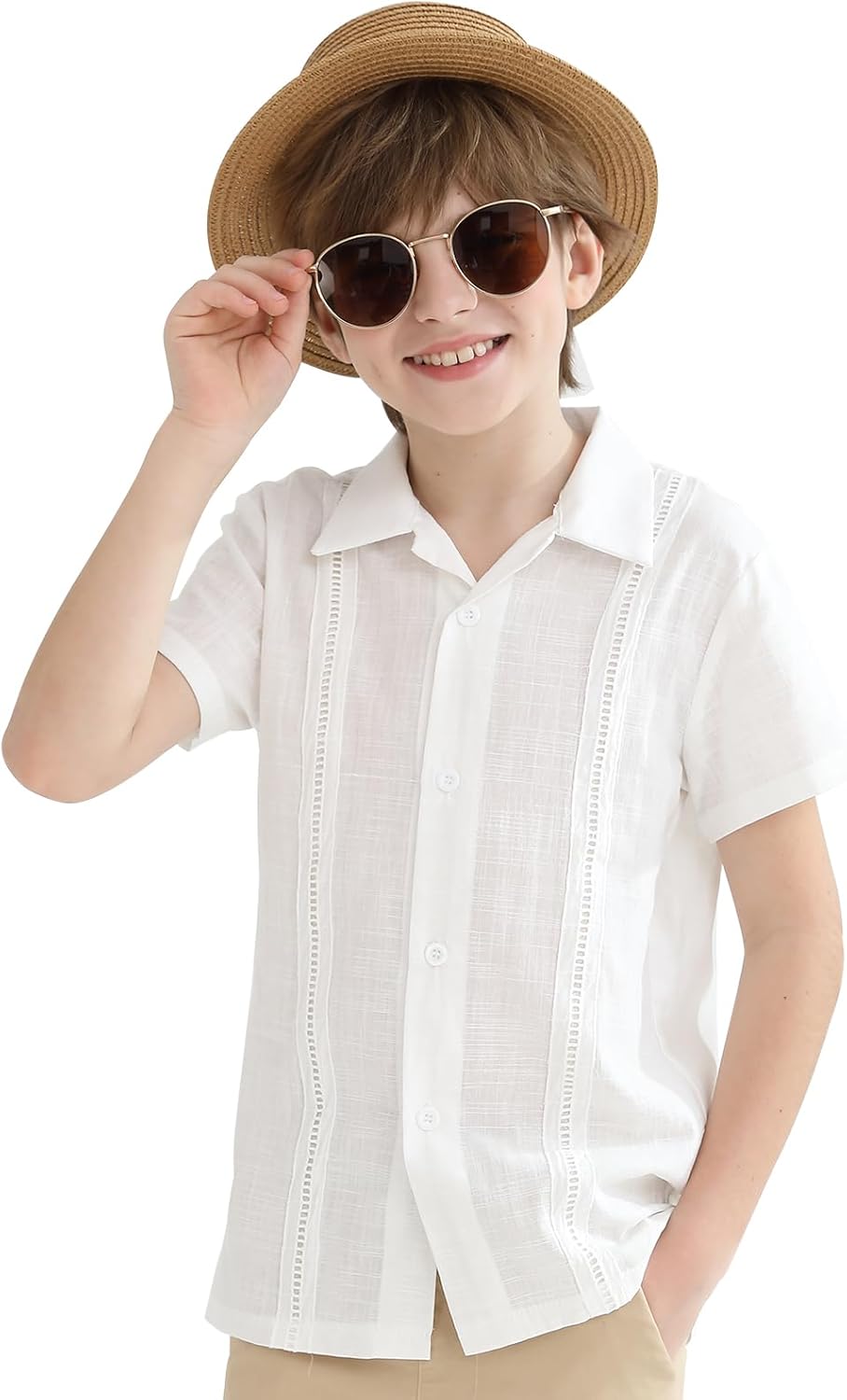OEBLD Boys Cuban Guayabera Shirt Short Sleeve Button Down Shirts V Neck Cotton Linen Shirts - Image 6