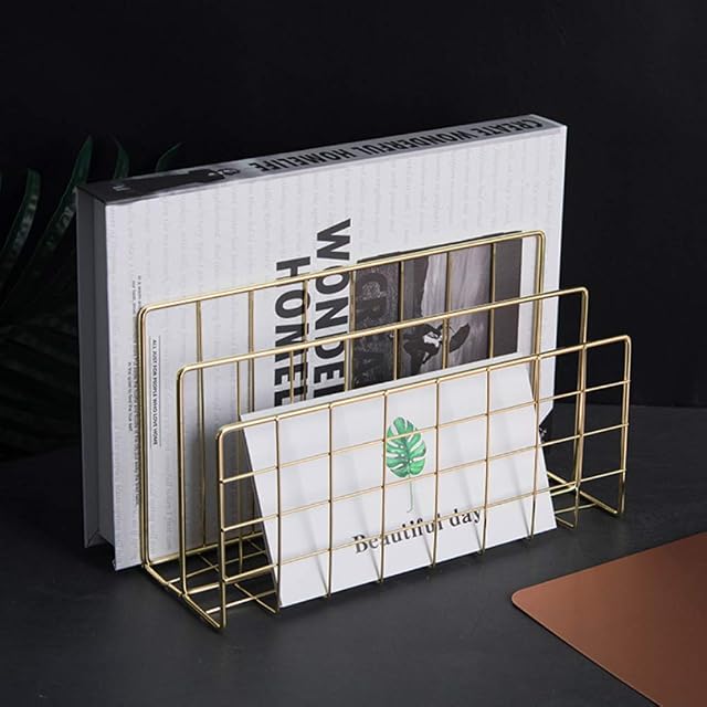 Wire Vertical Desk Tidy A4 File Holder 3 Upright Assembled Document Letter Paper Organiser Sorter Rack,Desktop Letter Tray Organizer,Paper Tray Letter File Organizer Metal Bookshelf Golden
