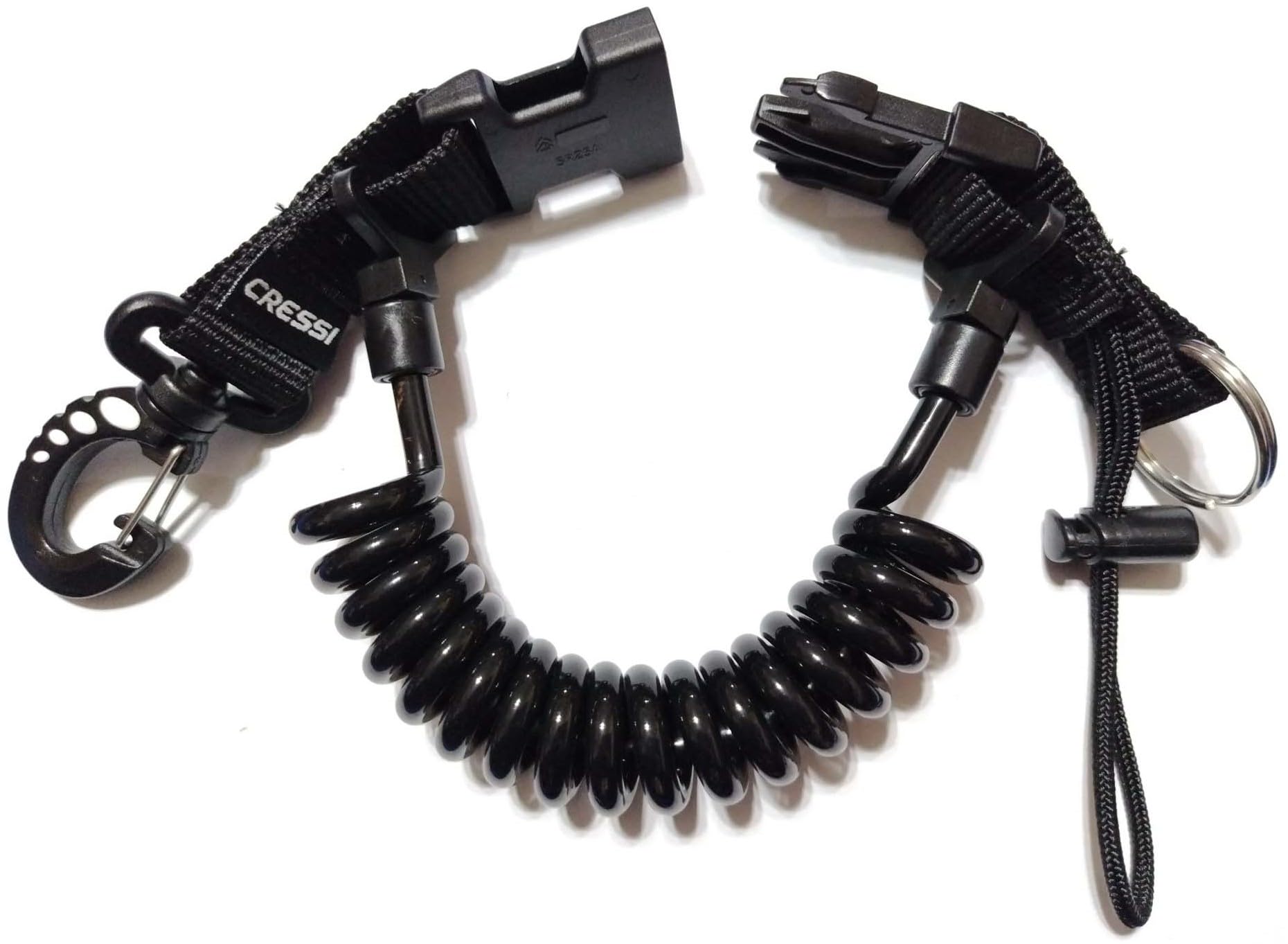 Cressi Laynyard with Ring - Elastic Spiral Cable for Diving and Water Activities, Unisex, Black/Black, 1 Carabiner, Unisex