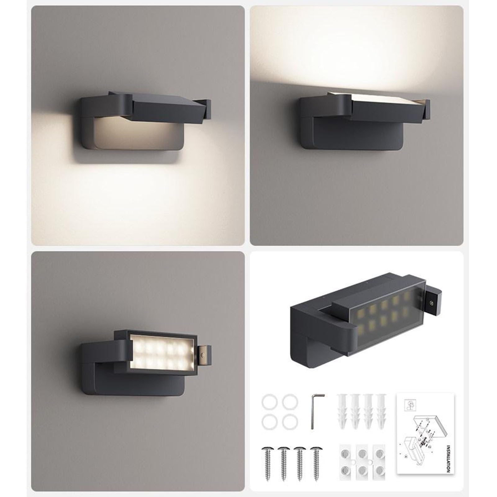 Lampa ścienna LED 24 W, do użytku na zewnątrz, wodoszczelna IP65, lampa werandowa z jasnym, regulowanym i obrotowym o 350 stopni reflektorem do ogrodu, garażu i na podwórko – przyłącze sieciowe