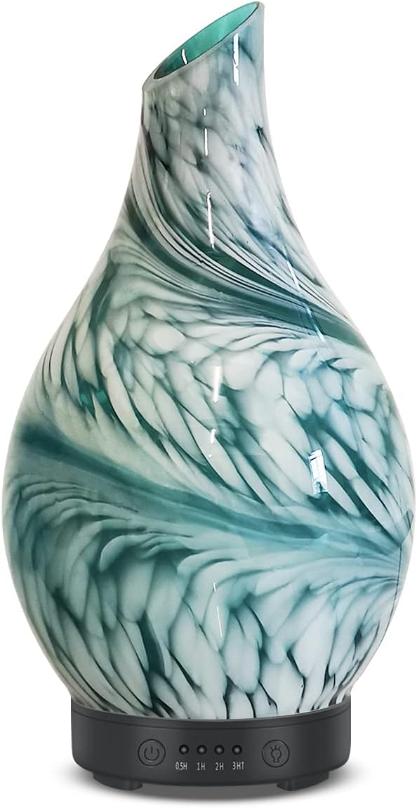 Essential Oil Diffuser 120ML Aroma Ultrasonic Humidifier 7 Color Changing Night Lights with Handmade Glass BPA Free Waterless Auto-Off Timer Setting for Home Yoga Office (Green-Land)