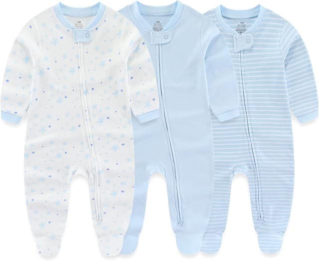MAMIMAKA Bébé garçon filles vêtements 2-Way Bodysuit à pied zippé manches longues 3-Pack Étagères 100% Coton