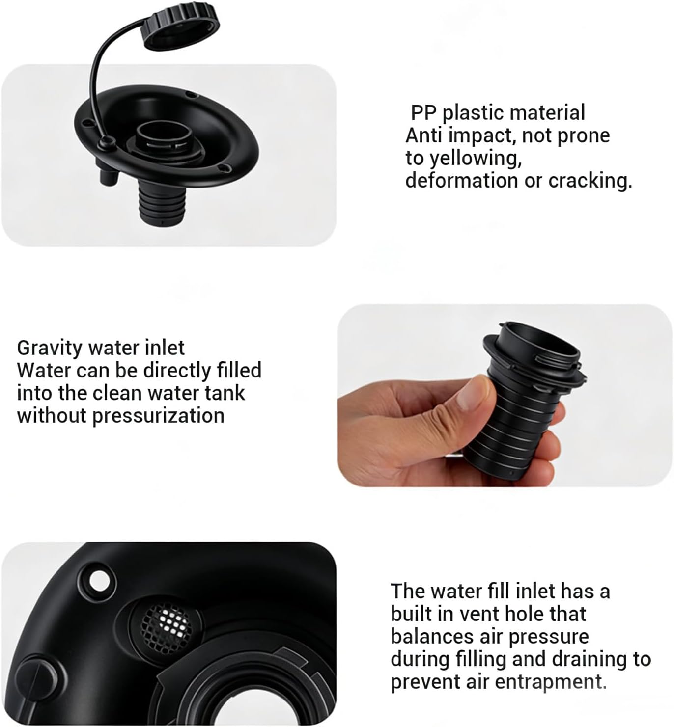 Haofy RV Gravity Fill Inlet Anti Overflow Anti Loss Strap Design Round Water Fill Hatch with Multi Stage Hose Connector for Easy RV Trailer Water Tank Refilling (Black)