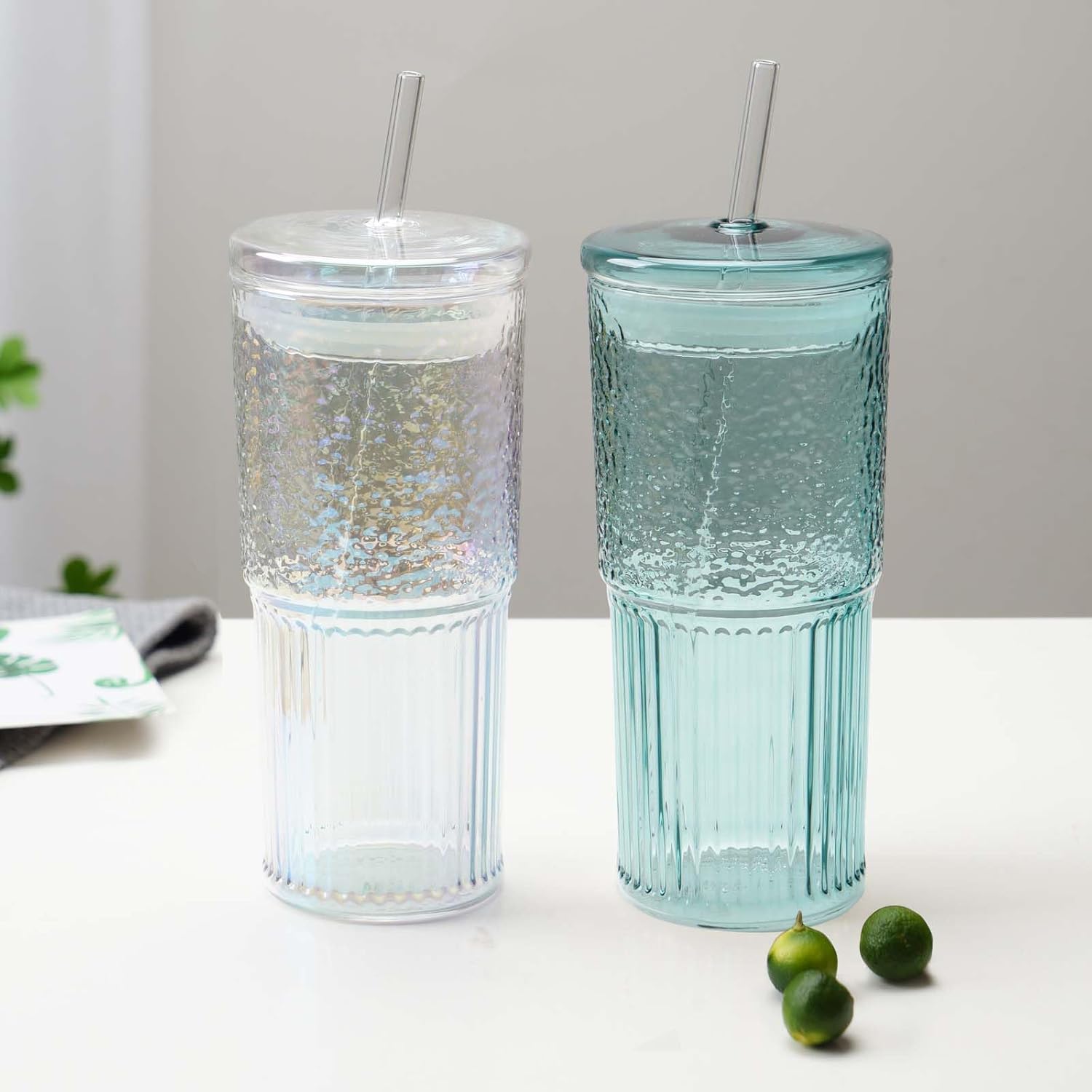 Glass Cups with Straws and Lids 2Pcs, 20oz Drinking Jar Glass Tumblers Iced Coffee Cups, Vintage Ripple Glassware Smoothie Cups for Water Coffee Tea Milk Cold or Hot Drinks (Green & Iridescent) - Image 6