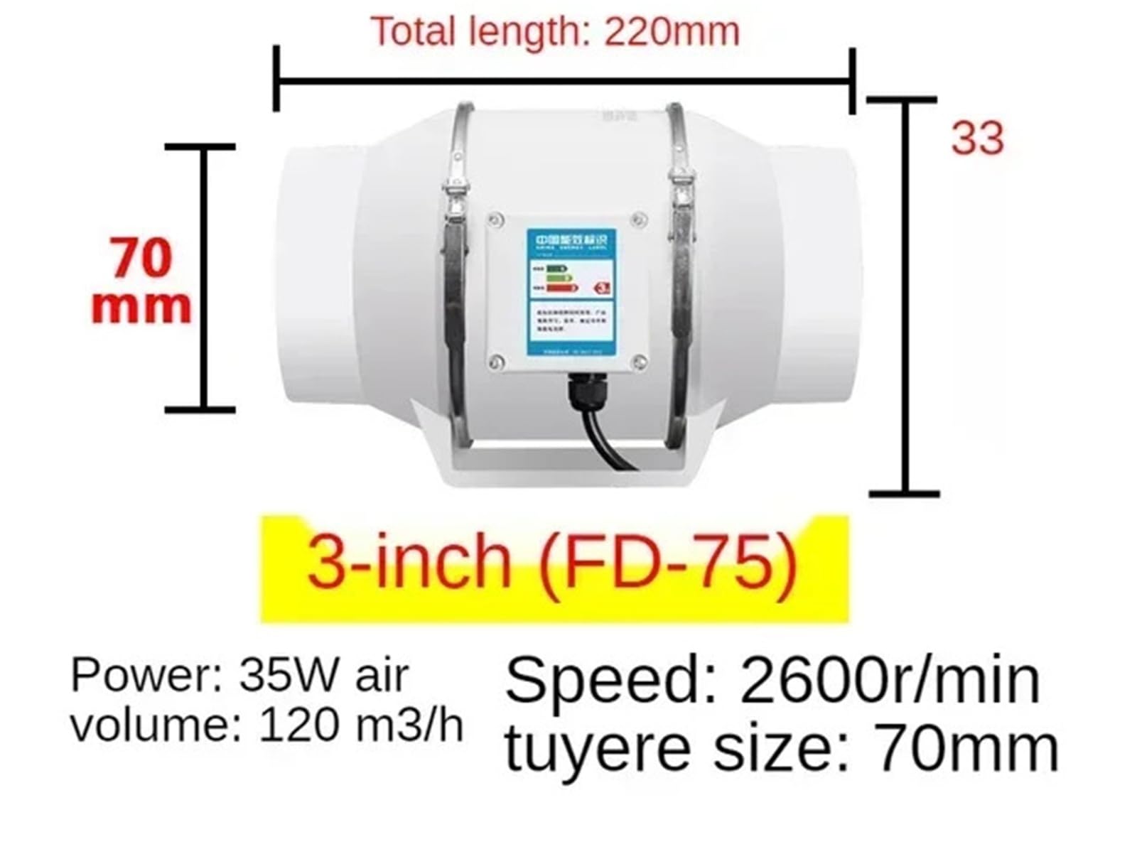 Wentylator wyciągowy o niskim poziomie hałasu, kanałowy, hydroponiczny, wentylator do wentylacji łazienki w domu i pomieszczeniu uprawy,Bardzo cichy(3inch)