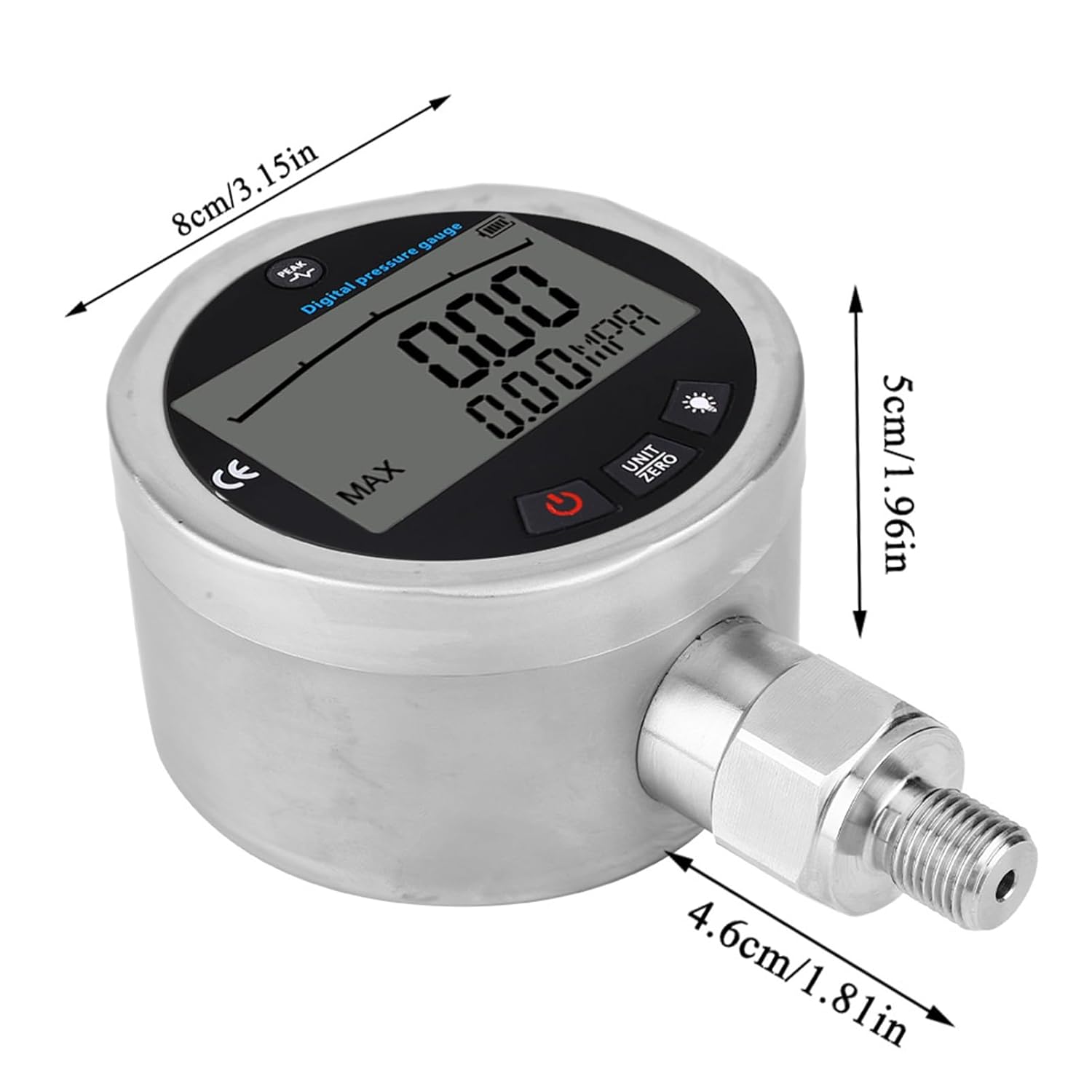 Pressure Tester Meter 400BAR Digital Hydraulic 040Mpa 5800PSI, G1/4 Connector, High, Resistance, Clear LCD Display with Blue Back Light, Touch Button, Long Battery Life for