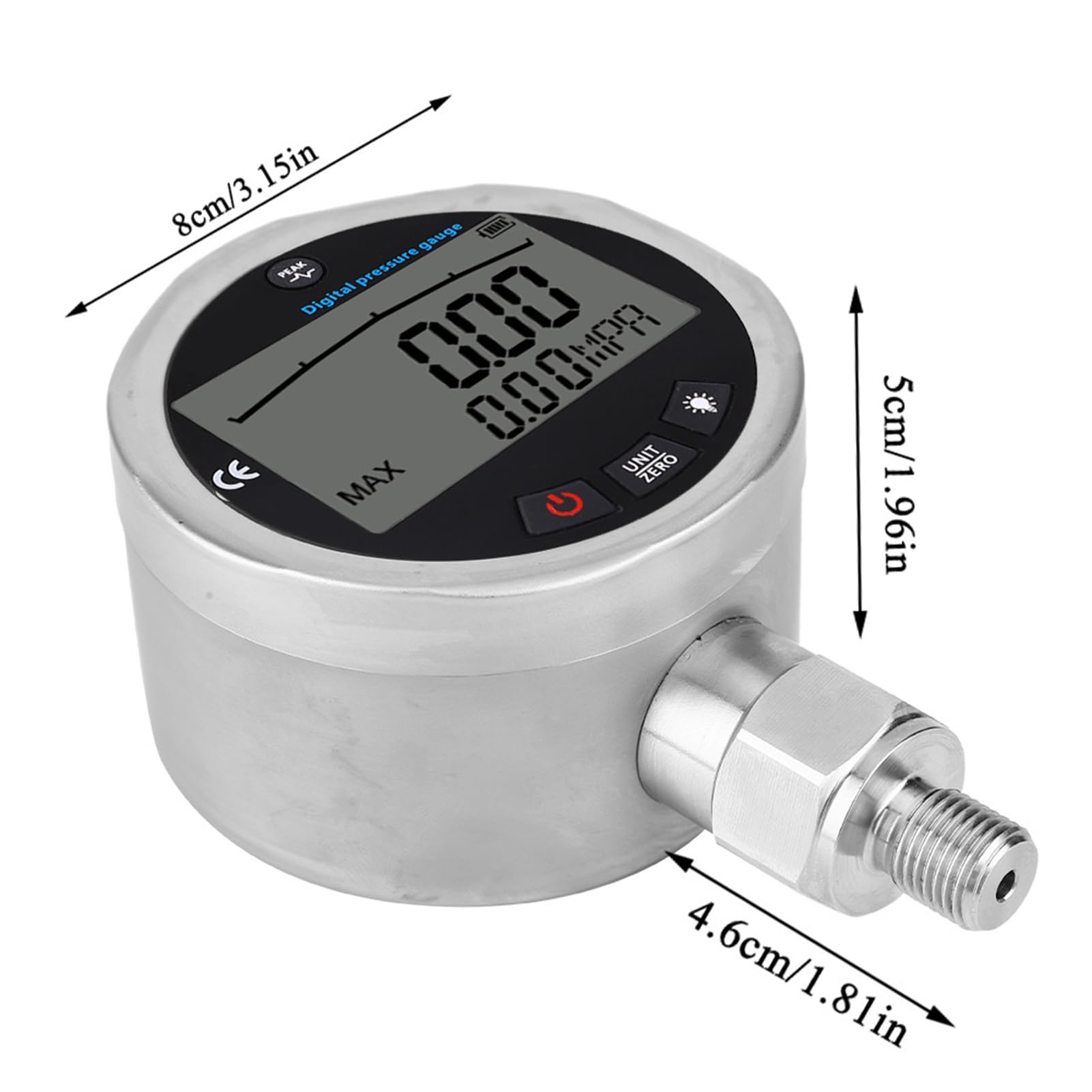 Digital Hydraulik Manometer, Edelstahl Hydraulisches Druckmessgerät, 0-400BAR, 0-40Mpa,0-10000PSI Wasserdruckmesser, Hydraulischer Messgerät mit Beleuchtetem LCD, für Wasser, Gas, Öl Tester