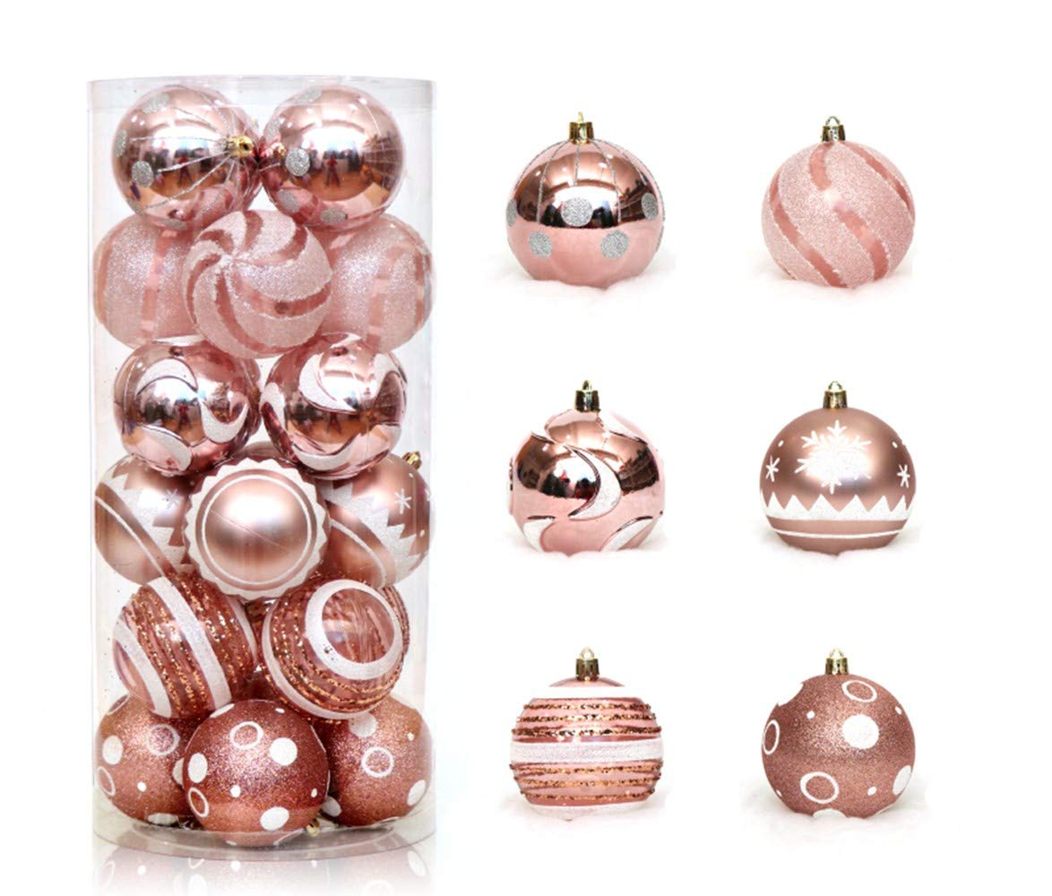 24 Stück Weihnachtskugel-Ornamente, 6 cm, bruchsicher, bemalt, zum Aufhängen, Weihnachtsbaum-Dekorationsset für Urlaub, Hochzeit, Weihnachtsdekoration (Roségold)