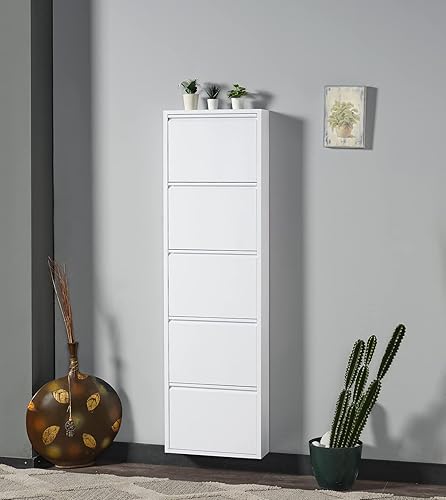 Miniatura 4 de Zapatero con cajón abatible, organizador de almacenamiento, zapatero independiente, montado en la pared, sin montaje (blanco, 5 cajones)