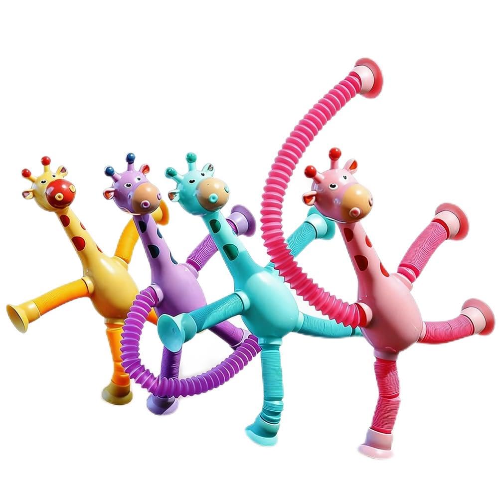 Yrpacfb Unisex Kids White 4 Pcs Telescopic Suction Cup Giraffe Toy, Telescopic Suction Cup Toys, Giraffe Sensory Play For Kids, Pop Tube Animals, Stress Reducing Educational Set For Kids & Adult
