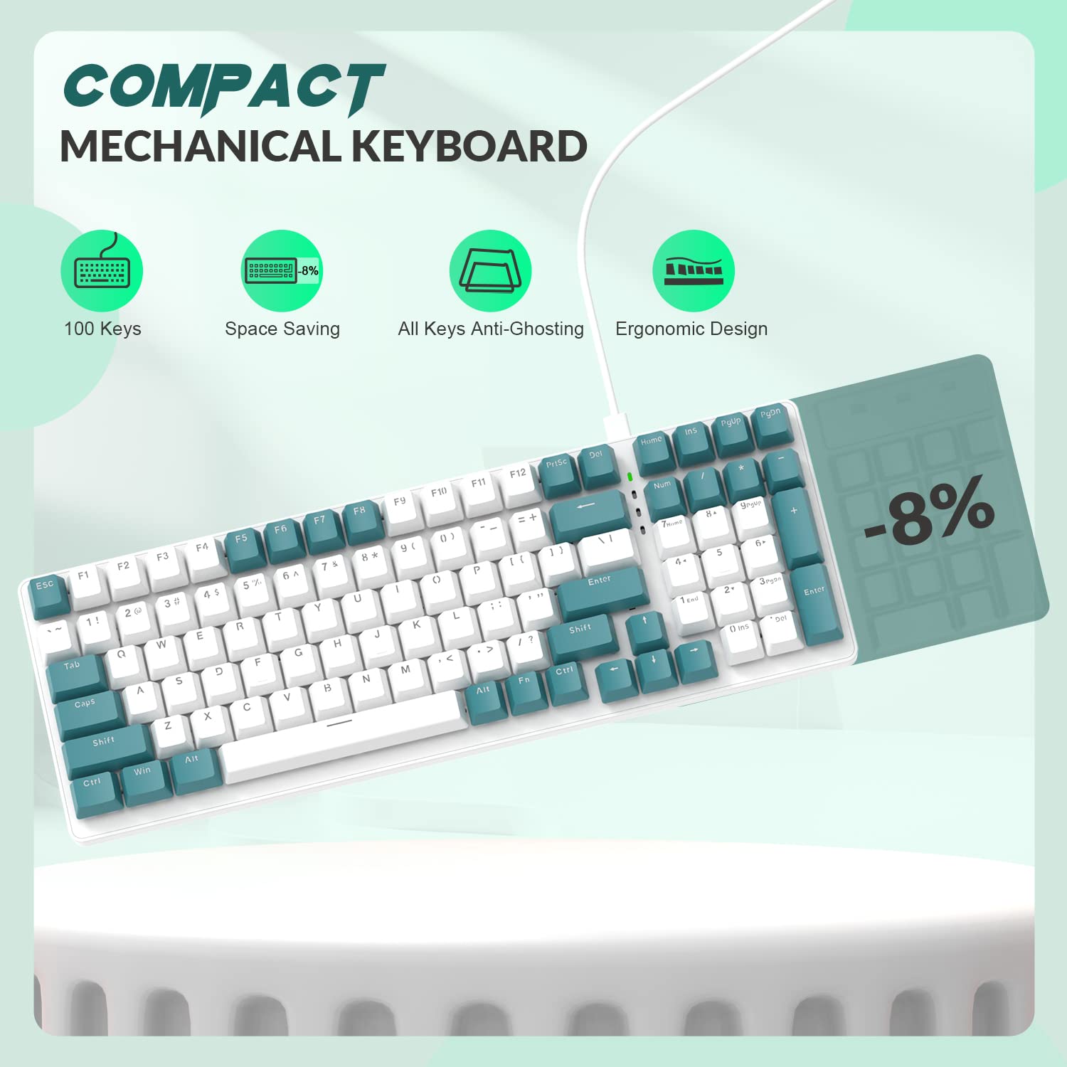 ZIYOU LANG K3 Teclado Gaming Mecánico con Cable 100% – Retroiluminación LED Arcoíris, Teclas Anti-Ghosting Completo, Teclado Numérico, Interruptores Azules, Carcasa Metálica, para PC/Mac – Verde