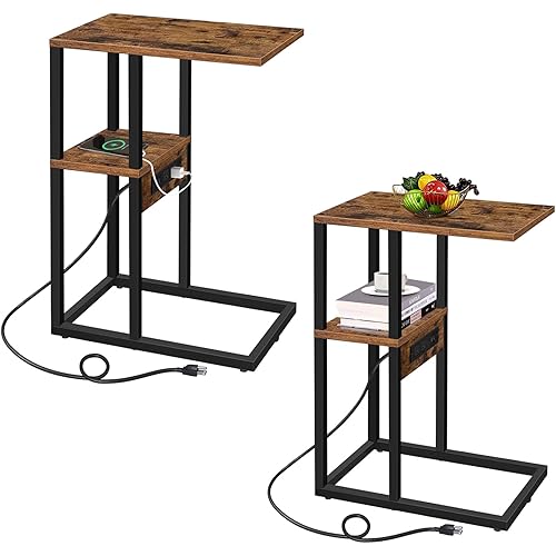 TUTOTAK C-Shaped Side Table, Set of 2, C Table End Table with Charging Station, Sofa Couch Table for Small Spaces, Couch Side Table for Livingroom, Bedroom, Brown TB01BB0432